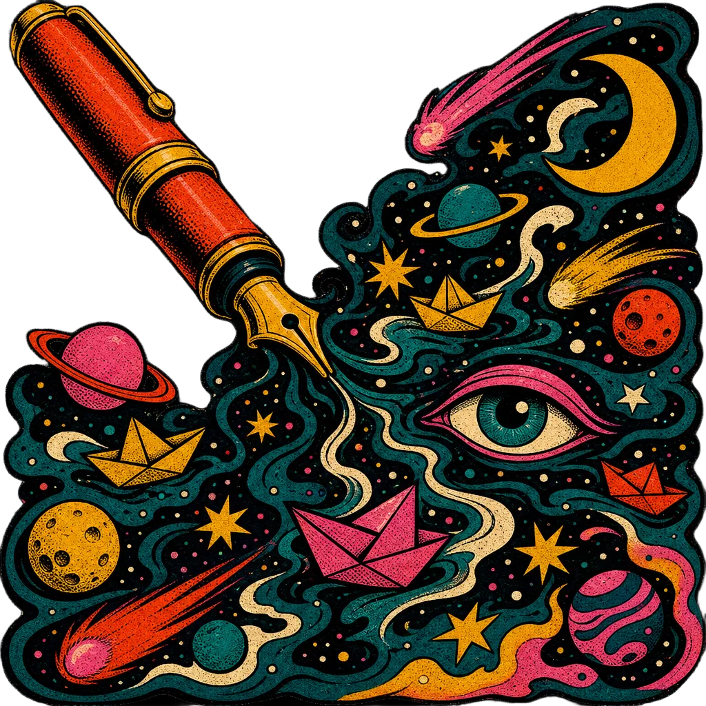 A fountain pen leaving a swirling galaxy of ink behind it.