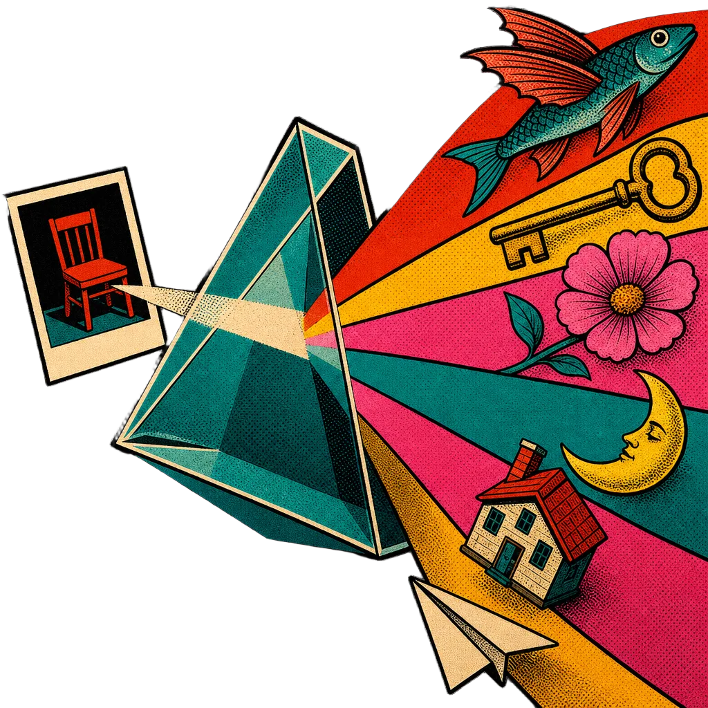 A prism splitting light into surreal objects.
