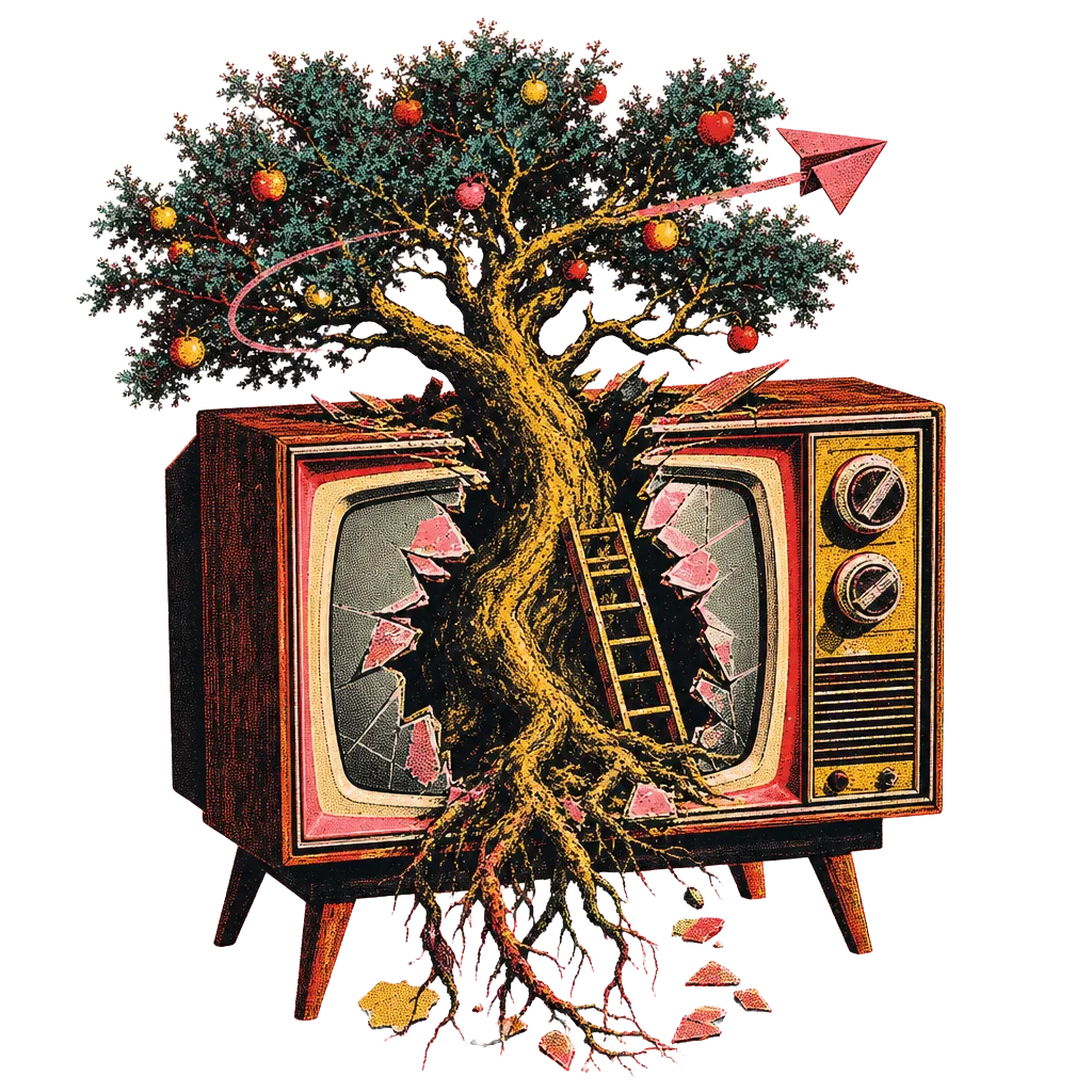 A vintage television set with a living tree growing out of its shattered screen.